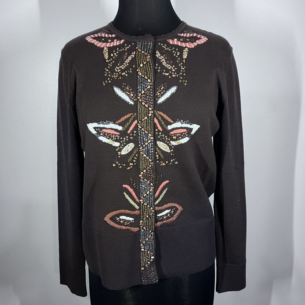 pursuits, Itd Cardigan Sz L Beaded Fairy Sweater Art To Wear Boho/vintage Brown